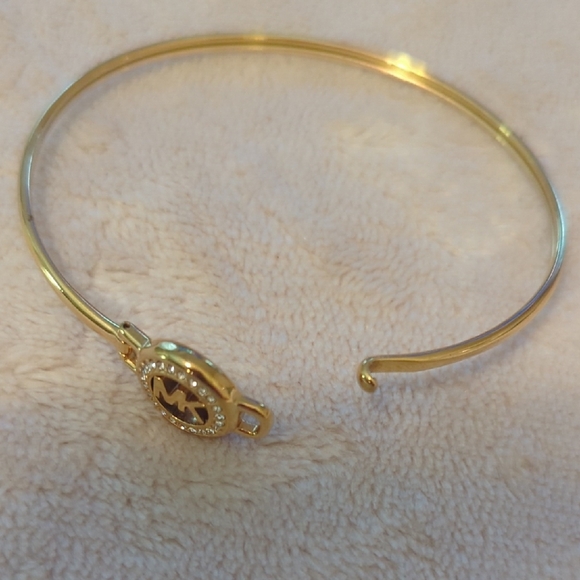 Michael Kors Gold MK Logo Bangle Bracelet Crystal Accent Hinged Designer Jewelry - Picture 2 of 3